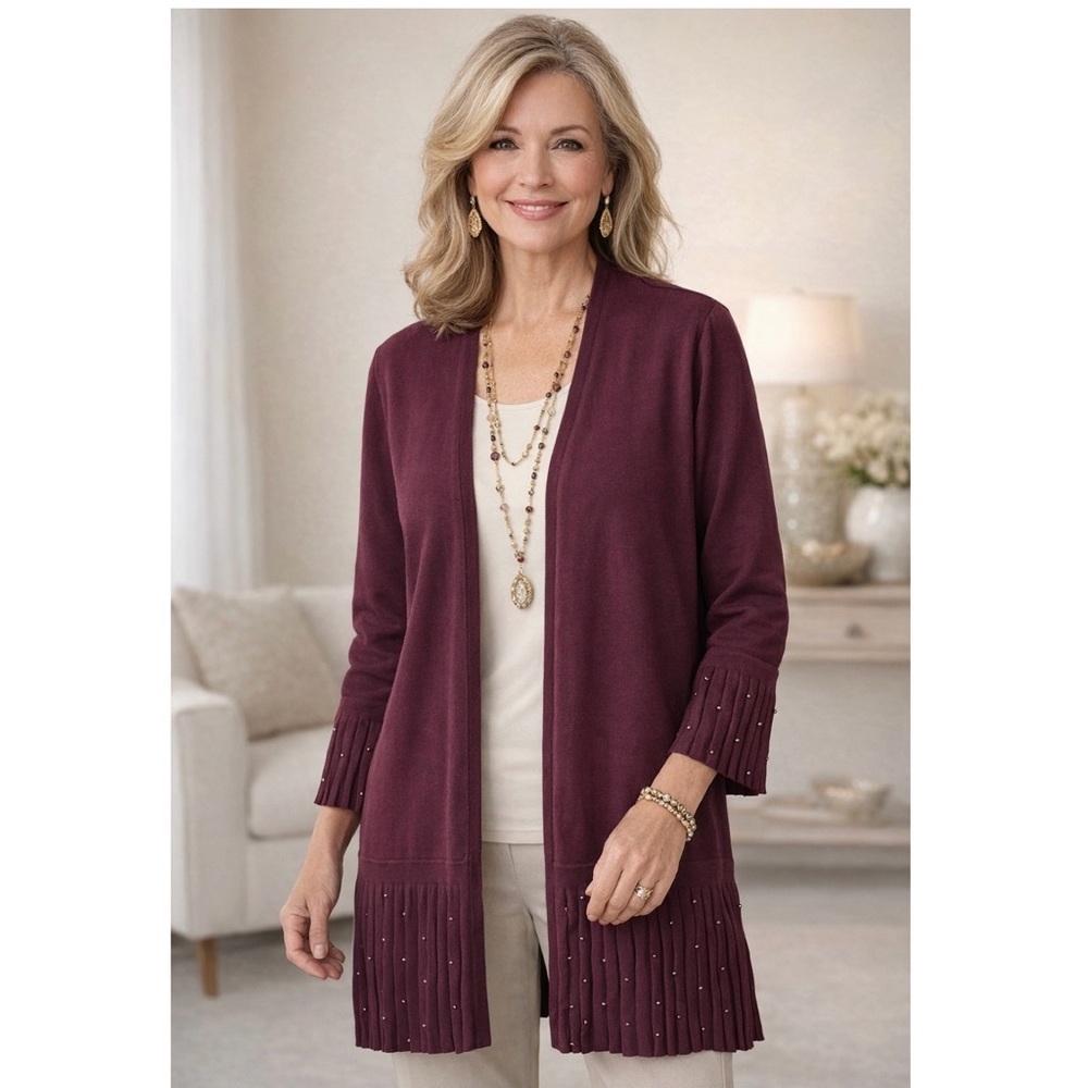 Chico's Pleated Faux Pearl Open Front Knit Cardigan Sweater Burgundy Size 2 /Lg